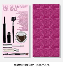 leaflet with  set of makeup for eyes. vector  set of vertical flyers for decorative cosmetics. vector illustration for your design, cosmetic banners, brochures and promotional items.