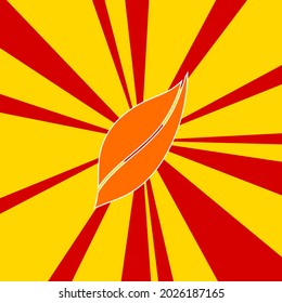 Leaflet symbol on a background of red flash explosion radial lines. The large orange symbol is located in the center of the sun, symbolizing the sunrise. Vector illustration on yellow background