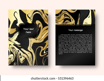 Leaflet template with a marble background. Abstract gold ornament in watercolor style.