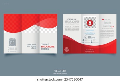 leaflet template. Red trifold brochure with waves.