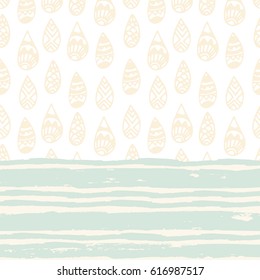 Leaflet with tribal rain drops on white background. Pastel endless grunge pattern with horizontal stripes of different widths. Mint grungy striped background. Vector illustration.