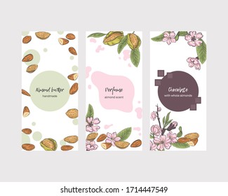 Leaflets with almond nuts and plant elements vector.  Set of cards or box covers for cosmetics and grocery products.