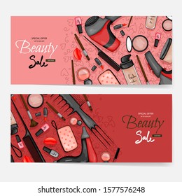 Leaflets with cosmetic products, template for text. Cartoon style. Vector illustration