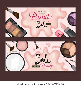 Leaflets with cosmetic products, template for text. Cartoon style. Vector illustration