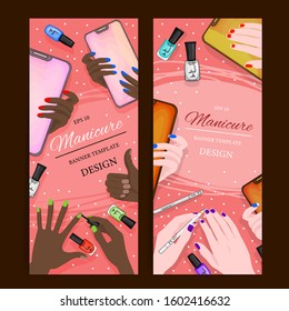 Leaflets with manicure flatlay and cosmetic products, template for text. Cartoon style. Vector illustration