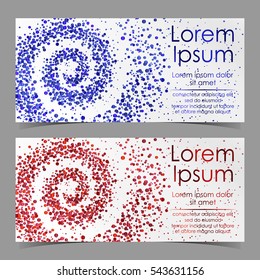Leaflets with spiral from blue and red confetti, sparkles, glitter and space for text on white paper. Vector illustration. Elements for banner, design, logo, card, web, invitation, business, party.