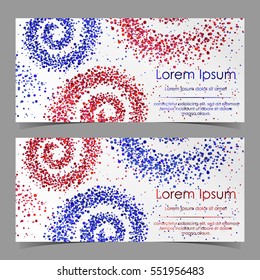 Leaflets with spiral from blue and red confetti, sparkles, glitter and space for text on white paper. Vector illustration. Elements for banner, design, logo, card, web, invitation, business, party.