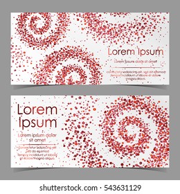 Leaflets with spiral from red confetti, sparkles, glitter and space for text on white background. Vector illustration. Elements for banner, design, logo, card, web, invitation, business, party.