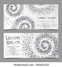Leaflets with spiral from silver confetti, sparkles, glitter and space for text on white background. Vector illustration. Elements for banner, design, logo, card, web, invitation, business, party.