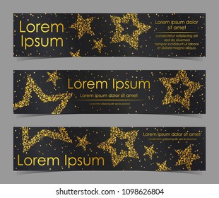 Leaflets with stars of gold confetti, sparkles, glitter and space for text on black background. Vector illustration. Elements for banner, design, logo, card, web, invitation, business, party.