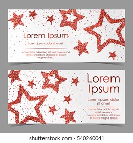 Leaflets with stars of red confetti, sparkles, glitter and space for text on white background. Vector illustration. Elements for banner, design, logo, card, web, invitation, business, party.