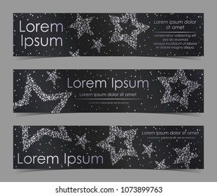 Leaflets with stars of silver confetti, sparkles, glitter and space for text on black background. Vector illustration. Elements for banner, design, logo, card, web, invitation, business, party.