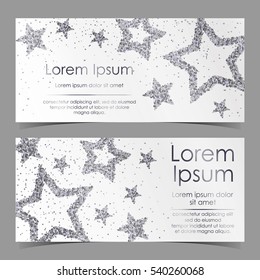 Folletos con estrellas de confeti plateado, chispas, brillo y espacio para texto sobre fondo blanco. Ilustración vectorial. Elementos para banner, diseño, logotipo, tarjeta, web, invitación, empresa, fiesta.