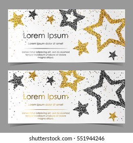 Leaflets with stars of silver, gold confetti, sparkles, glitter and space for text on white background. Vector illustration. Elements for banner, design, logo, card, web, invitation, business, party.