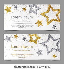 Leaflets with stars of silver, gold confetti, sparkles, glitter and space for text on white background. Vector illustration. Elements for banner, design, logo, card, web, invitation, business, party.