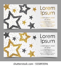 Leaflets with stars of silver, gold confetti, sparkles, glitter and space for text on white background. Vector illustration. Elements for banner, design, logo, card, web, invitation, business, party.