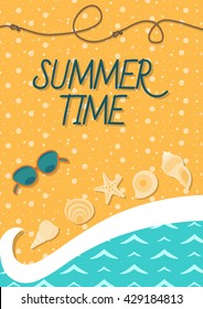 Leaflets top view of the coast and beach items. Ready to Print. Front page and back page.