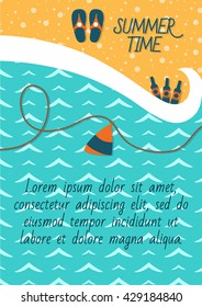 Leaflets top view of the coast and beach items. Ready to Print. Front page and back page.