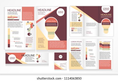 Leaflets Trifold Brochure Template, A4 Flyer Design, Visit Cards, Whith Inforgraphics Elements. Rose, Yellow, Burgundy, White Colors. Geometric Style Concept For Business, Presentations, Educations. 