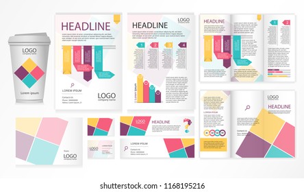 Leaflets trifold brochure template, A4 flyer design, visit cards, envelope whith inforgraphics elements. Paper cup design. Geometric style concept for business, presentations, education. Colorful set.