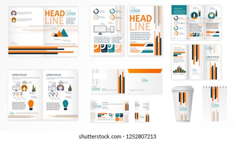 Leaflets trifold brochure template, A4 flyer design, visit cards, envelope whith inforgraphics elements. Paper cup design. Geometric style concept for business, presentations, education. Colorful set.
