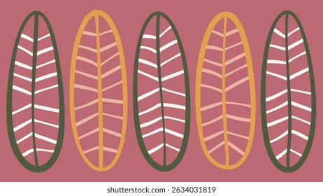 Leaf-like ovals with striped centers and colorful borders over a pink background, ideal for botanical and playful designs.