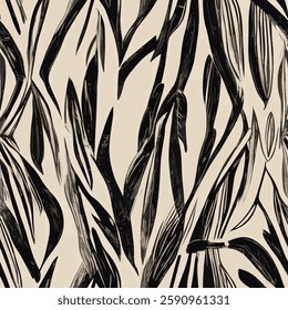 leaf-like shapes formed by various curved and straight lines in black and dark brown tones on a cream background