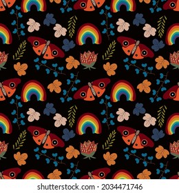 Leaf,rainbow and butterfly vector ilustration seamless patern with black background.Great for textile,fabric,wrapping paper,and any print.