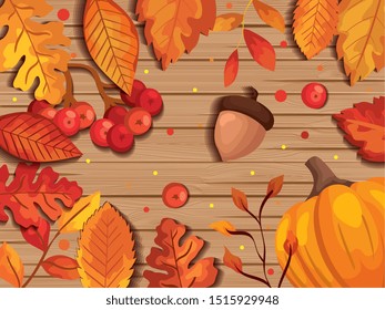 leafs autumn in background wooden with nuts fruits