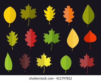Leafs in autumn, summer, spring. random.on the black background. cartoon and flat style.  vector illustration. isolated.