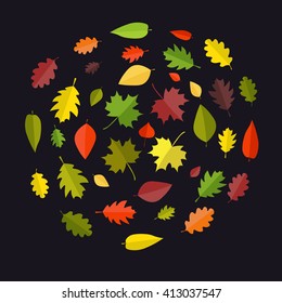 Leafs in autumn, summer, spring. random.on the black background. cartoon and flat style.  vector illustration. isolated.