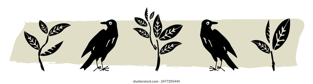 Leafs and black ravens border. Silhouette elements. Hand drawn vector art border..