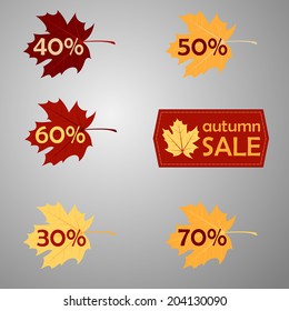 Leafs with discount text and numbers. Vector illustration.