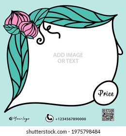 Leafs with flowers Frame background template vector, Social Media Post design, Green Frame vector, Web banner design, Square banner template, Advertisement, Ads for web page, Sale banner, eps 10