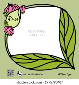 Leafs with flowers Frame background template vector, Social Media Post design, Green Frame vector, Web banner design, Square banner template, Advertisement, Ads for web page, Sale banner, eps 10