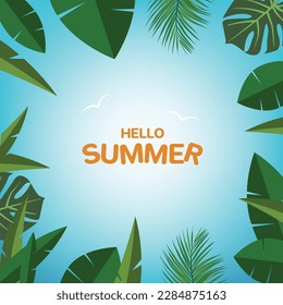 Leafs frame in jungle on summer. Banner summer frame concept.