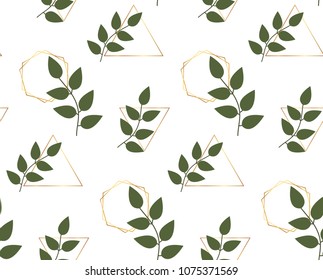 Leafs with gold lines triangles, hexagons background. Trendy botanic seamless pattern. Template for packaging, banner, card, flyer, invitation, wedding, print advertising, social media, placard
