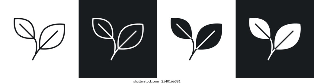 Leafs icon set. Vector symbols in black and white colors.