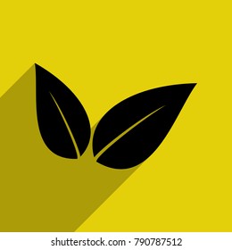 Leafs icon. Vector. Flat black icon with with semitransparent shadow on citrine background.