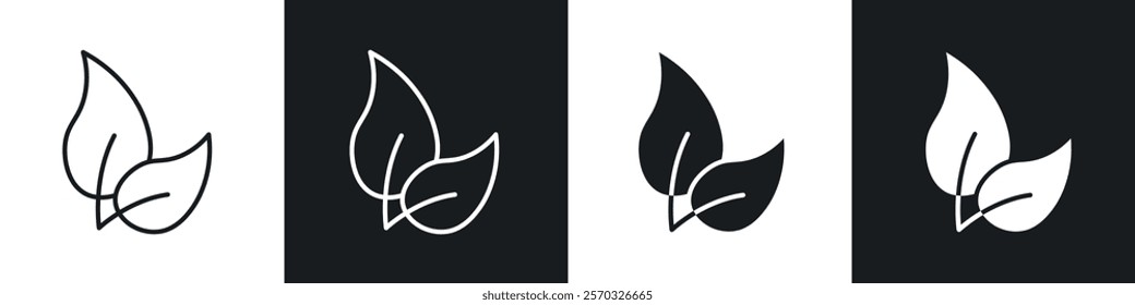 Leafs icons vectors set in black. line and flat versions