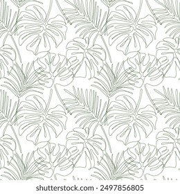 Leafs isolated illustration. Abstract continuous simple minimalist pattern with green  line drawing.
