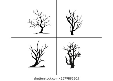 Leafs leaving from a tree . set of silhouette trees. Silhouette of a dry bare tree and branches, isolated on transparent, no background.