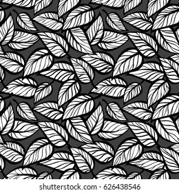 Leafs pattern. Vector seamless. Black and white. Gray background
