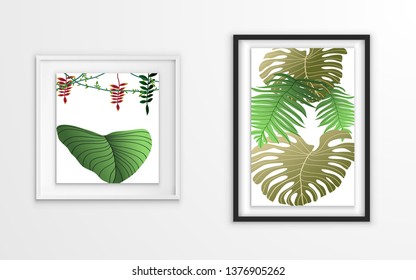 leafs in the picture frame on the white wall