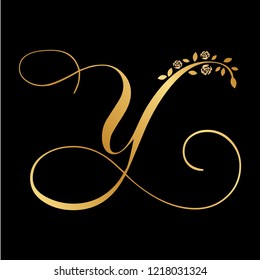 Leafs And Roses, Gold Caligraphy Letter Y