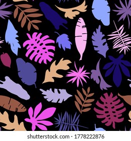 Leafs seamless pattern hand drawn in vector. Tropical and exotic leafs.  Vector design.   Monstera, aralia, palm tree, banana palm, petticoat palm, philodendron, papyrus. Paper, wall paper, wrapping 