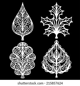 Leafs set. Abstract decorative icons. Floral pattern. Isolated on a black background - vector 