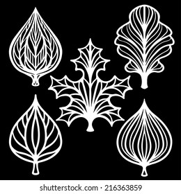 Leafs set. Abstract decorative icons. Floral pattern. Isolated on a black background - vector 