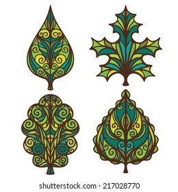 Leafs set. Abstract decorative icons. Floral pattern. Isolated on a white background 