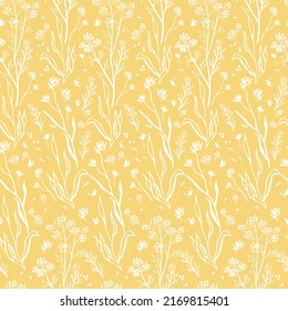 Leafs,branch,wildflowers.  Seamless pattern with decorative grass. Calm in trendy shades illustration. yellow background. Design element for backdrop, wallpaper, wrap. minimalist vector illustration